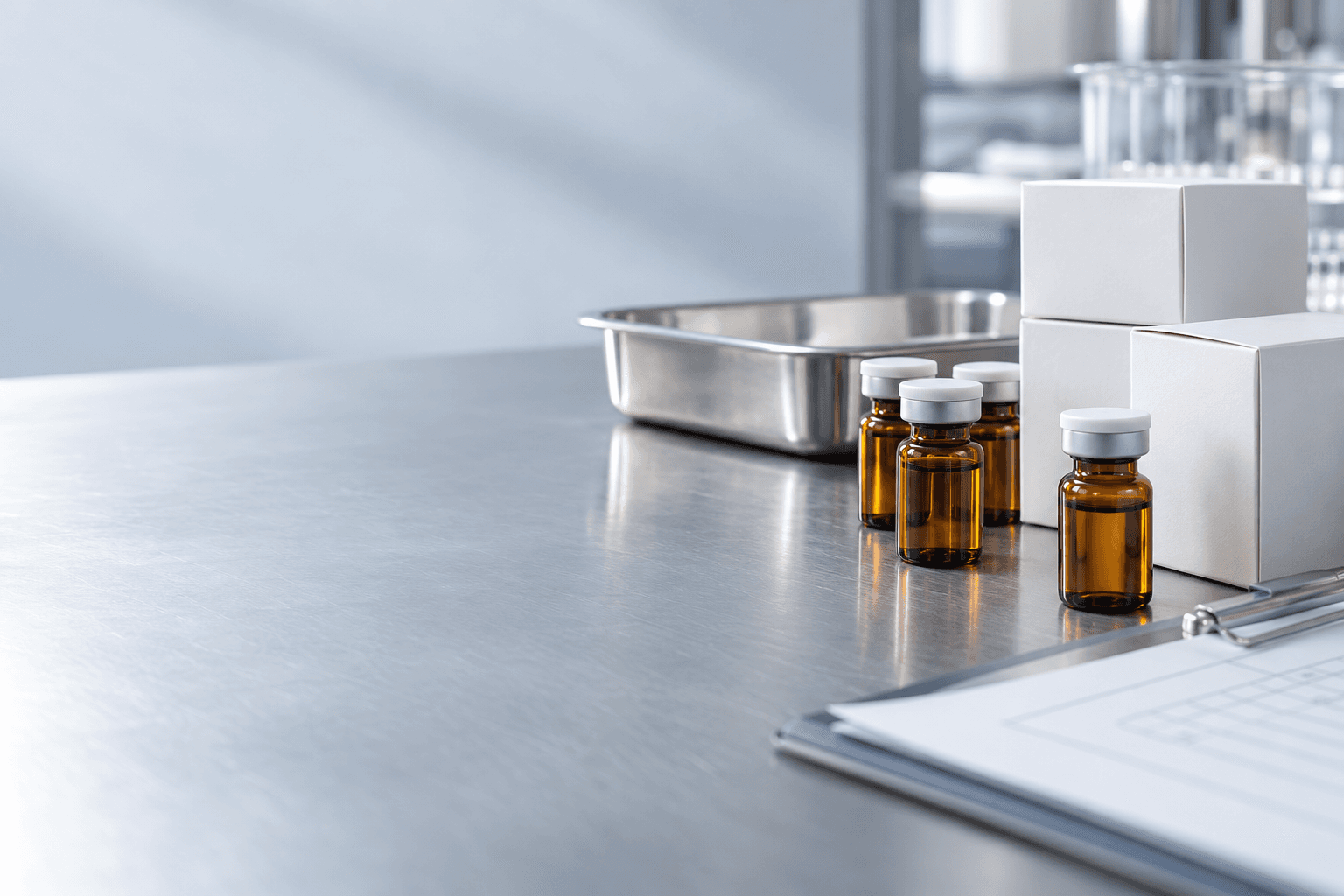 Unbranded pharmaceutical packaging and vials on a clean worktable